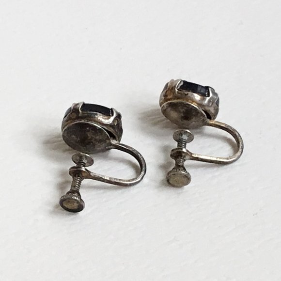 Vintage Sterling Silver Prong Set Jet Black Cameo Portrait Screw Back Earrings - Picture 3 of 5